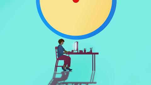 Illustration einer Frau, die an einem Schreibtisch arbeitet unter einer großen Uhr.