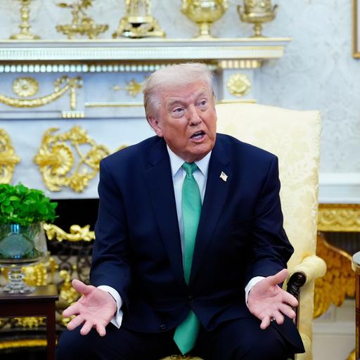 US-Präsident Donald Trump spricht und gestikuliert mit beiden Händen im Oval Office des Weißen Hauses.