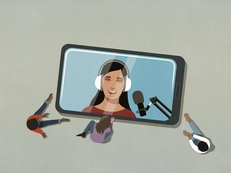 Illustration: Mehrere Personen sitzen auf dem Boden um ein riesiges Smartphone herum, auf dessen Bildschirm eine Radiomoderatorin mit Kopfhörern vor einem Mikrofon zu sehen ist. 