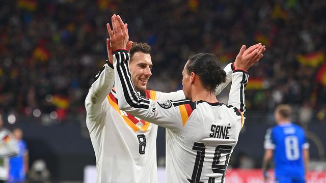 Leroy Sane und Leon Goretzka jubeln über den Sieg im Spiel gegen die Slowakei.