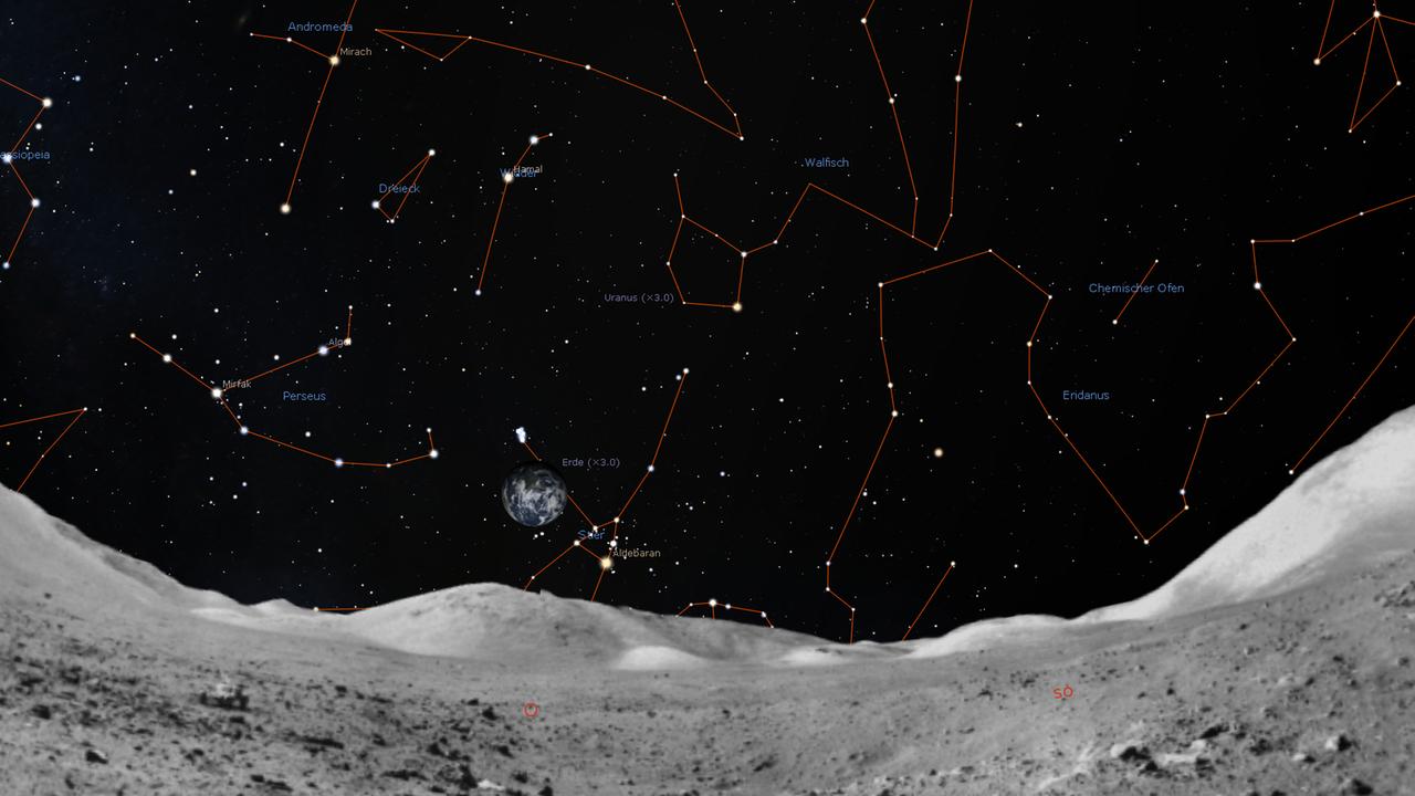 Die Erde heute über dem Mondhorizont – eine Himmelsansicht, die sich mit Stellarium erstellen lässt.