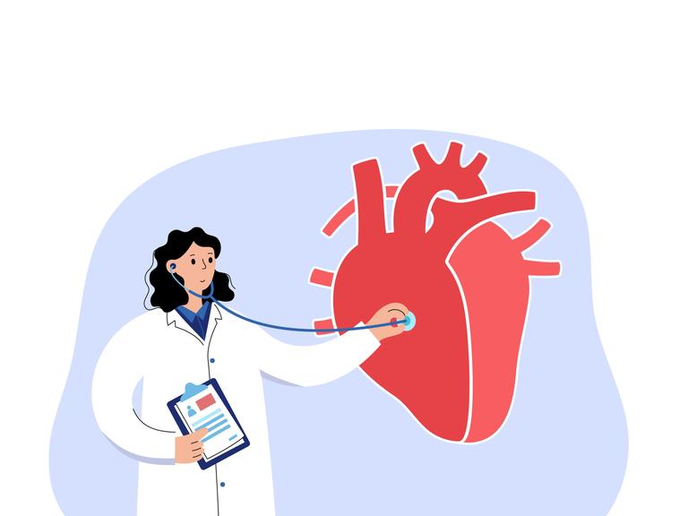 Illustration: Eine Person in medizinischem Kittel horcht mit einem Stethoskop ein überdimensionales Herz ab.