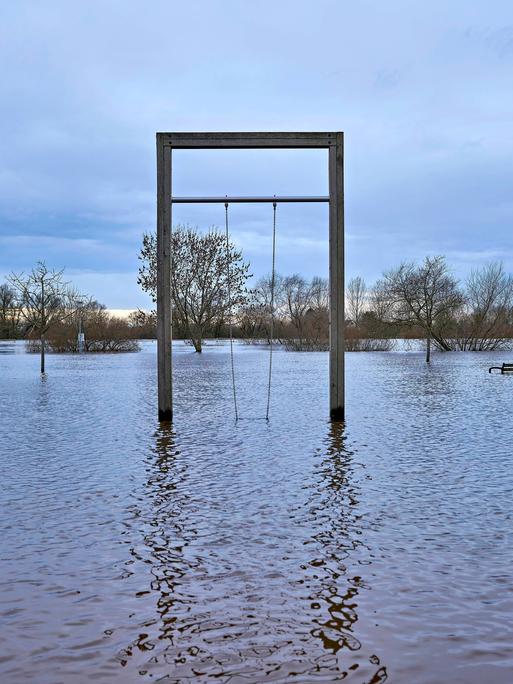 Schaukel unter Wasser mit Bäumen im Hochwassergebiet an der Aller in Verden (31.12.2023)