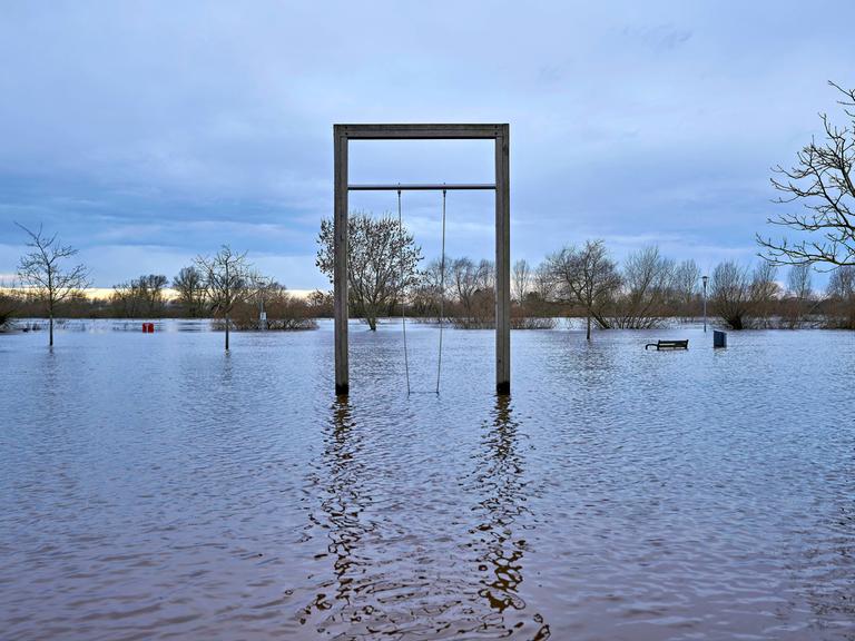 Schaukel unter Wasser mit Bäumen im Hochwassergebiet an der Aller in Verden (31.12.2023)