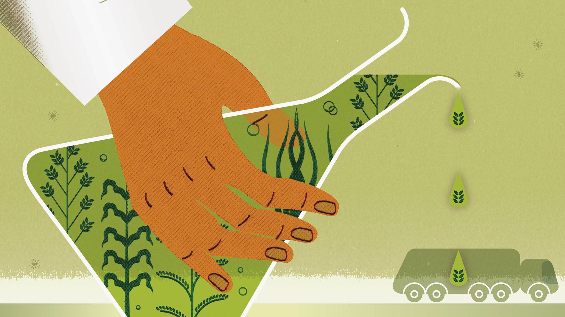 Illustration : Die Hand eines Forschenden gießt aus einem Erlenmeyerkolben, in dem Pflanzen schwimmen, eine grüne Flüssigkeit auf einen Tanklastwagen.