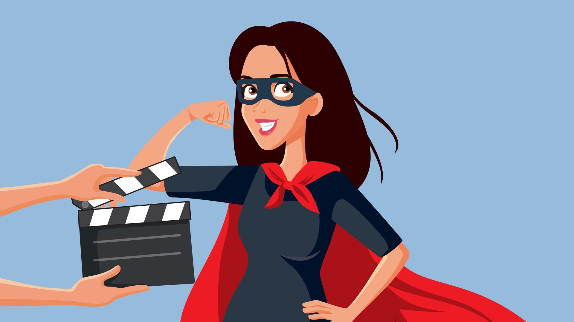 Illustration: Schauspielerin dreht einen weiblichen Superhelden-Blockbuster-Film.
