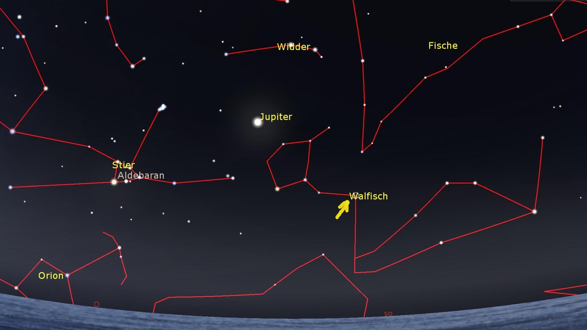 Eine Sternenkarte von Anfang August 1596: Jupiter steht in den Fischen, etwas unterhalb bemerkte Johann Fabricius den Stern Mira, der immer nur für einige Monate mit bloßem Auge zu sehen ist. Eine Sternenkarte von Anfang August 1596: Jupiter steht in den Fischen, etwas unterhalb bemerkte Johann Fabricius den Stern Mira, der immer nur für einige Monate mit bloßem Auge zu sehen ist.
