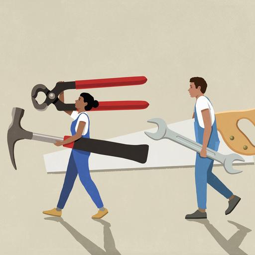 Illustration zweier Personen, die überdimensional großes Werkzeug tragen und dabei sehr motiviert aussehen.