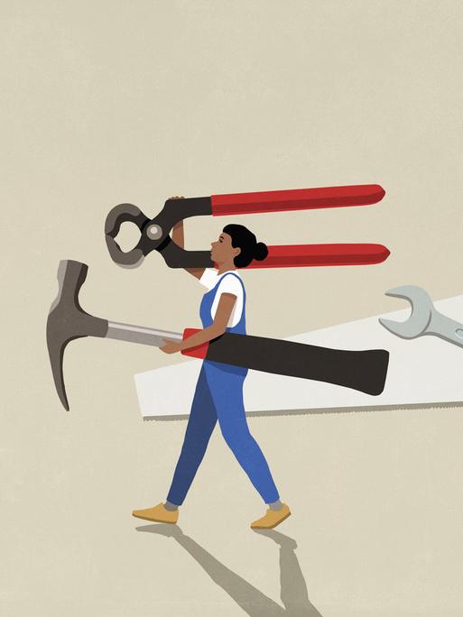 Illustration zweier Personen, die überdimensional großes Werkzeug tragen und dabei sehr motiviert aussehen.