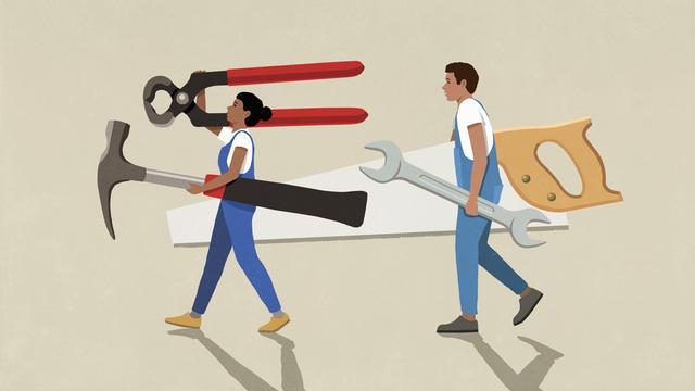 Illustration zweier Personen, die überdimensional großes Werkzeug tragen und dabei sehr motiviert aussehen.