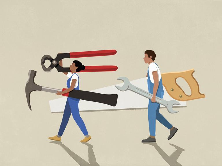 Illustration zweier Personen, die überdimensional großes Werkzeug tragen und dabei sehr motiviert aussehen.