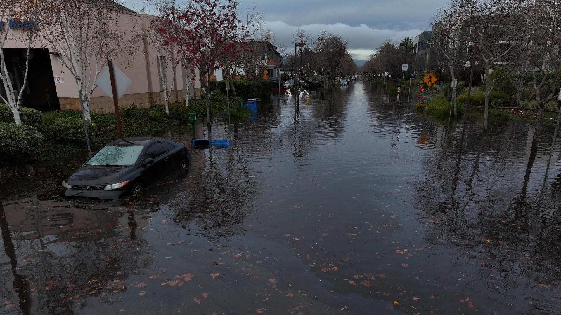 Eine überflutete Straße in Menlo Park im Süden Kaliforniens. Bäume und ein Auto stehen im Wasser.