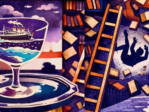 Zweigeteilte Illustration: Links ein Weinglas, darin ein Schiff. Rechts ein von einer Leiter im Bücherregal fallender Mann.