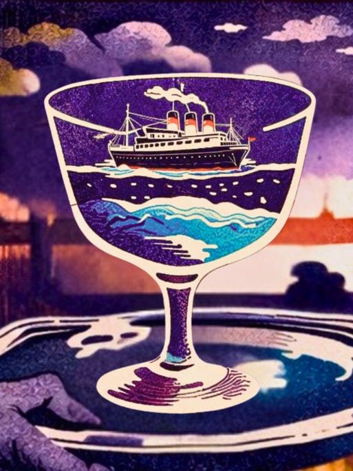 Zweigeteilte Illustration: Links ein Weinglas, darin ein Schiff. Rechts ein von einer Leiter im Bücherregal fallender Mann.