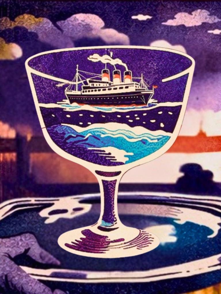 Zweigeteilte Illustration: Links ein Weinglas, darin ein Schiff. Rechts ein von einer Leiter im Bücherregal fallender Mann.