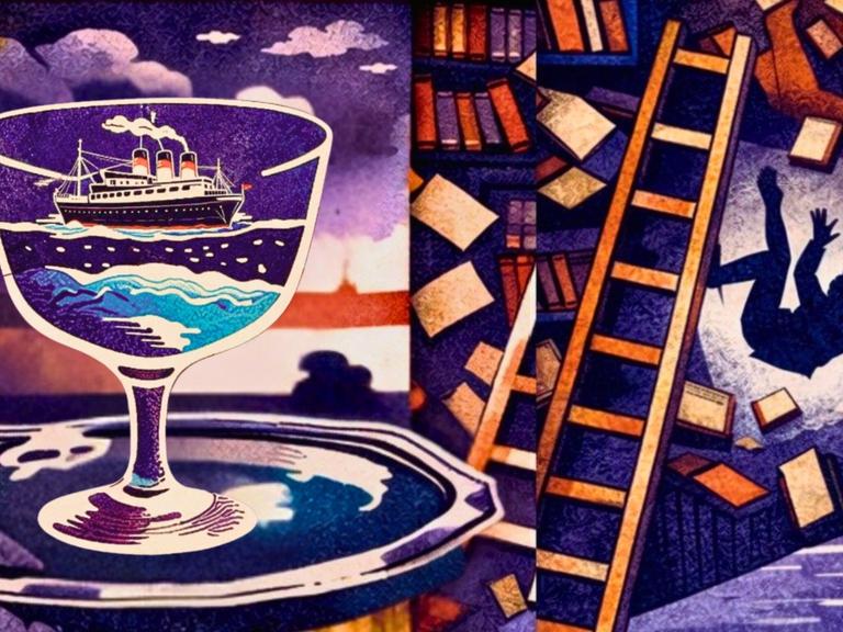 Zweigeteilte Illustration: Links ein Weinglas, darin ein Schiff. Rechts ein von einer Leiter im Bücherregal fallender Mann. Zweigeteilte Illustration: Links ein Weinglas, darin ein Schiff. Rechts ein von einer Leiter im Bücherregal fallender Mann.
