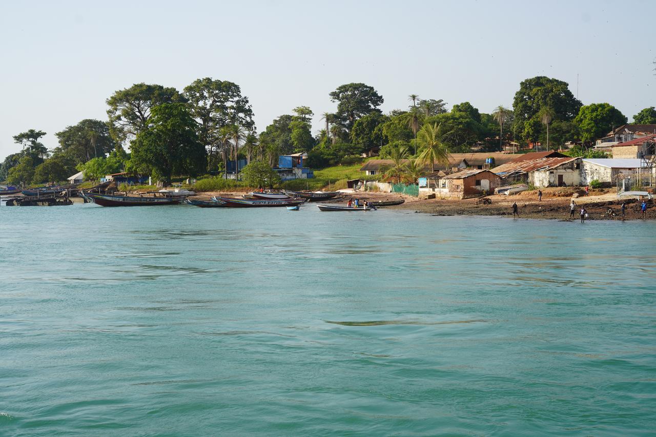 Vom Wasser aus sieht man die Insel Bubaque mit dem Strand und einigen Häusern.