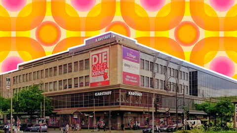 Galeria am Hermannplatz in Berlin ist zu sehen. Wir schauen auf die Ecke, wodurch das geradlinige Form des Gebäudes betont wird. Die Filiale ist ausgeschnitten und vor einen Hintergrund gelegt, der an eine Retro-Tapete aus den 70ern erinnert.
