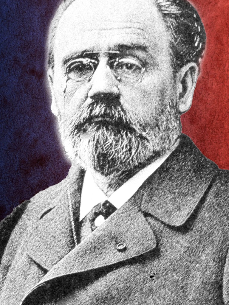 Émile Zola vor einem blau-roten Hintergrund.