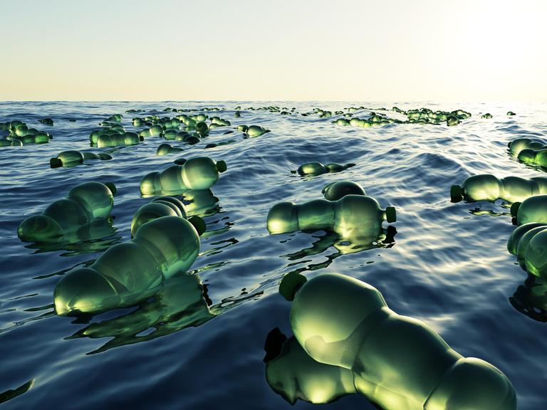 Grüne Plastikflaschen schwimmen im Meer 