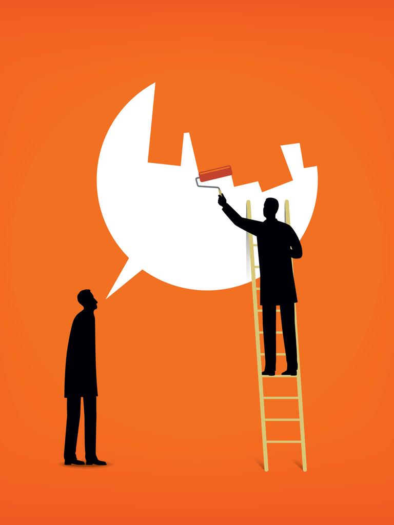 Eine Sprechblase einer Person wird von einer anderen übermalt.