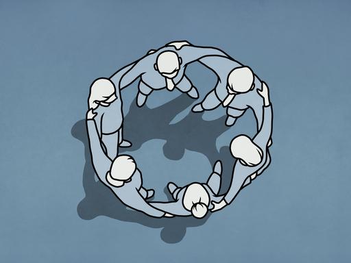 Illustration einer Personengruppe, die verbunden mit Schultern und Händen einen Kreis bildet und von oben zu sehen ist