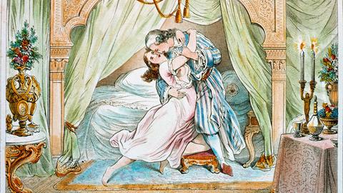 Eine Illustration zeigt Casanovain einer intimen Situation mit einer Frau. 