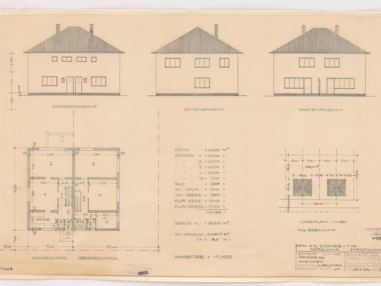 Das Foto zeigt Entwürfe von Architekt und Stadtplaner Hans Poelzig für die Siedlung Berlin-Eichkamp. Auf diesem Bogen ist ein zweistöckiges Doppelhaus zu sehen.