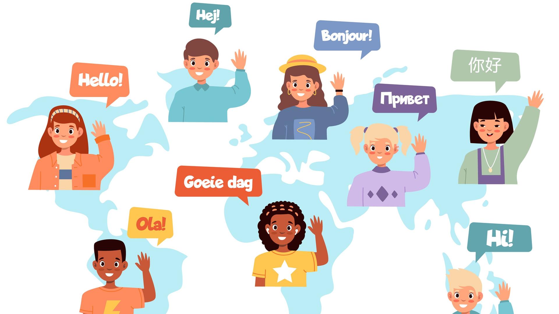 Eine Weltkarte mit 8 Kindern, die jeweils in ihrer Sprache Hallo sagen Eine Weltkarte mit 8 Kindern, die jeweils in ihrer Sprache Hallo sagen