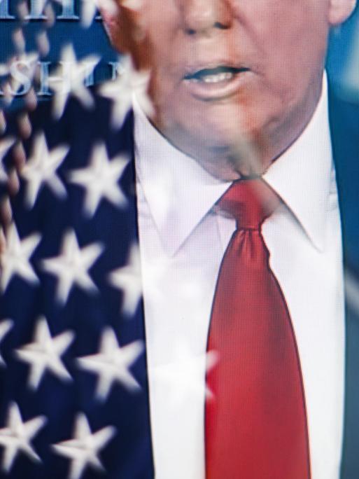 Das durch eine Mehrfachbelichtung in der Kamera entstandene Bild zeigt den Oberkörper Donald Trumps bis zur Nase. Die Augen sind nicht mehr zu sehen. Links neben ihm spiegelt sich eine USA-Flagge. 