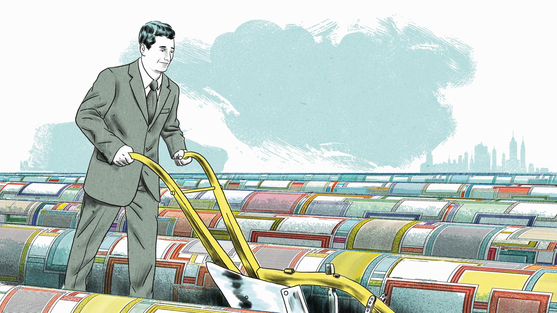 Illustration: Geschäftsmann pflügt Feld mit Aktienzertifikaten. 