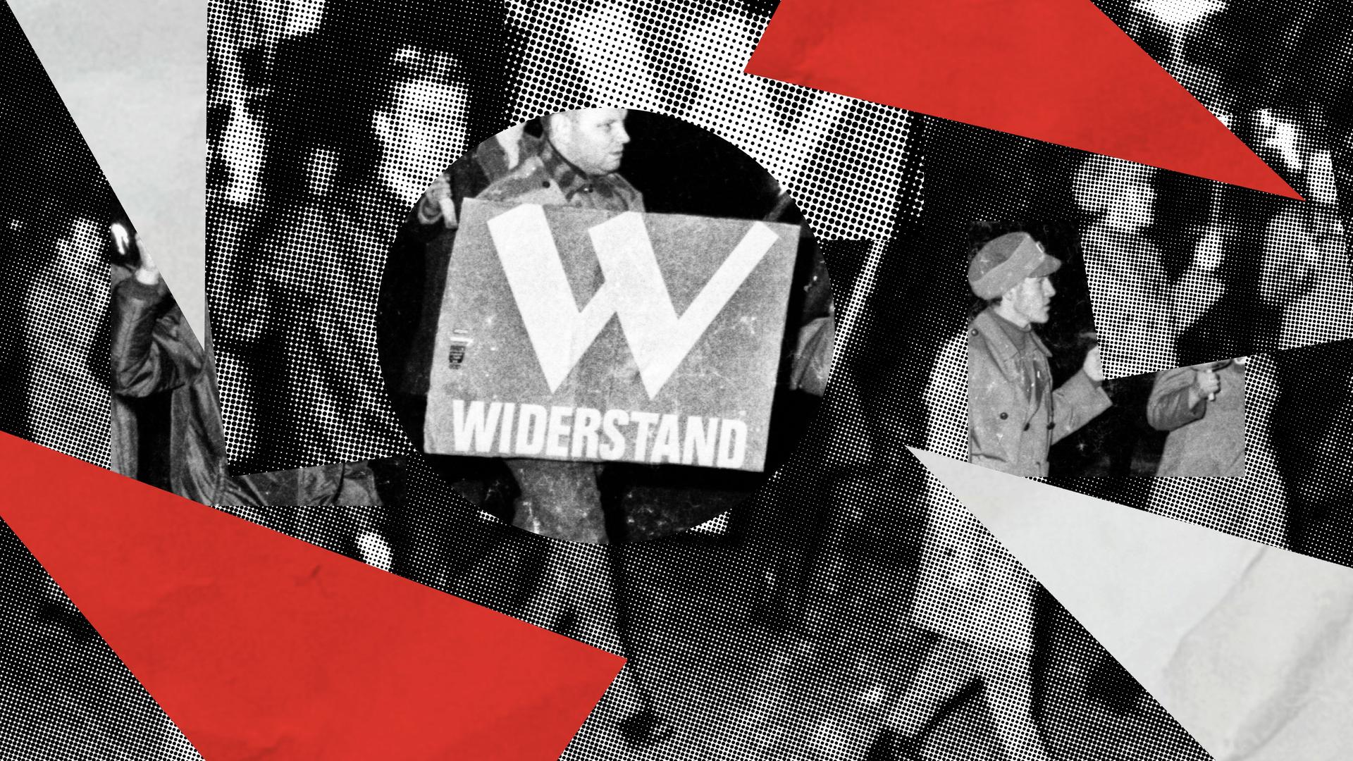 Illustration zur 2. Folge der Doku-Serie „Deutsches Denken“. Das Hintergrundbild zeigt die rechtsradikale „Aktion Widerstand“ bei einer Kundgebung. Das Bild ist mit Halbtoneffekt und Dreieckswimpeln in schwarz, weiß und rot zu einer Collage bearbeitet. Illustration zur 2. Folge der Doku-Serie „Deutsches Denken“. Das Hintergrundbild zeigt die rechtsradikale „Aktion Widerstand“ bei einer Kundgebung. Das Bild ist mit Halbtoneffekt und Dreieckswimpeln in schwarz, weiß und rot zu einer Collage bearbeitet.