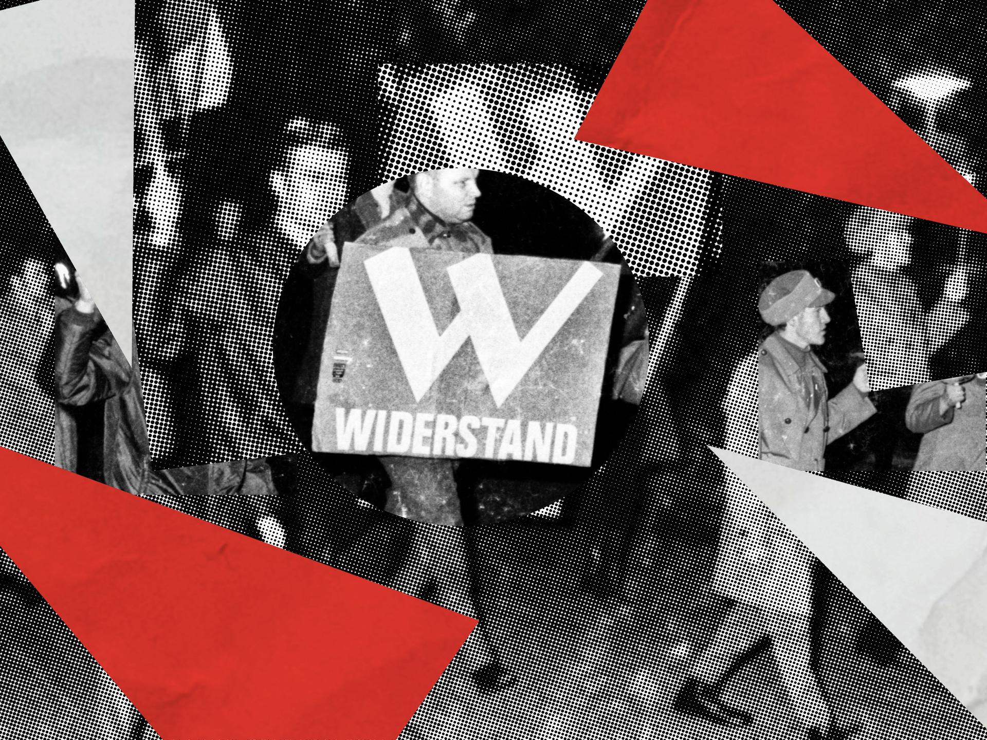 Illustration zur 2. Folge der Doku-Serie „Deutsches Denken“. Das Hintergrundbild zeigt die rechtsradikale „Aktion Widerstand“ bei einer Kundgebung. Das Bild ist mit Halbtoneffekt und Dreieckswimpeln in schwarz, weiß und rot zu einer Collage bearbeitet.