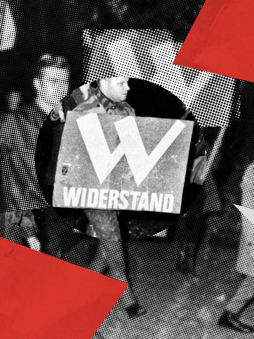 Illustration zur 2. Folge der Doku-Serie „Deutsches Denken“. Das Hintergrundbild zeigt die rechtsradikale „Aktion Widerstand“ bei einer Kundgebung. Das Bild ist mit Halbtoneffekt und Dreieckswimpeln in schwarz, weiß und rot zu einer Collage bearbeitet.