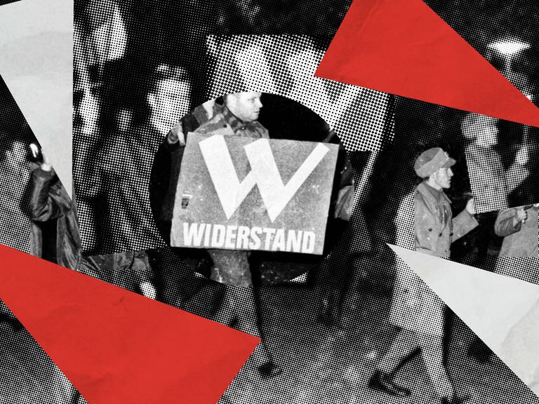 Illustration zur 2. Folge der Doku-Serie „Deutsches Denken“. Das Hintergrundbild zeigt die rechtsradikale „Aktion Widerstand“ bei einer Kundgebung. Das Bild ist mit Halbtoneffekt und Dreieckswimpeln in schwarz, weiß und rot zu einer Collage bearbeitet.