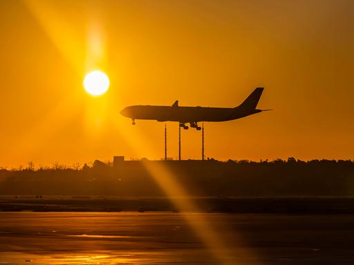 Flugzeug im Landeanflug, Flughafen Fraport in Frankfurt am Main am frühen Morgen bei Sonnenaufgang