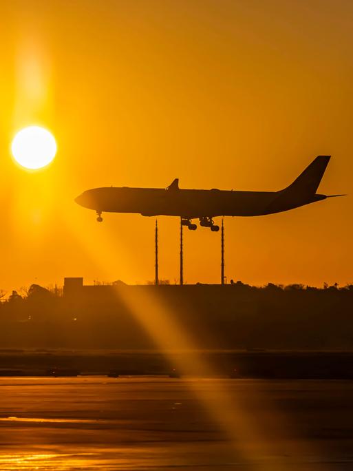 Flugzeug im Landeanflug, Flughafen Fraport in Frankfurt am Main am frühen Morgen bei Sonnenaufgang