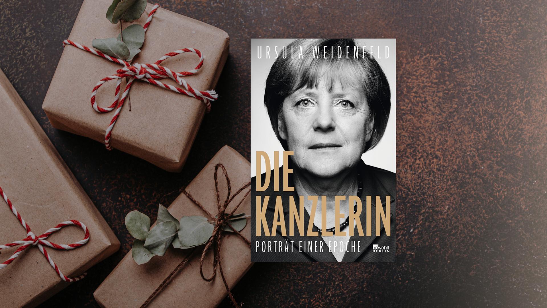 Buchcover zu Ursula Weidenfelds "Die Kanzlerin". Im Hintergrund braune Päckchen mit rot-weißen Schleifen. Buchcover zu Ursula Weidenfelds "Die Kanzlerin". Im Hintergrund braune Päckchen mit rot-weißen Schleifen.