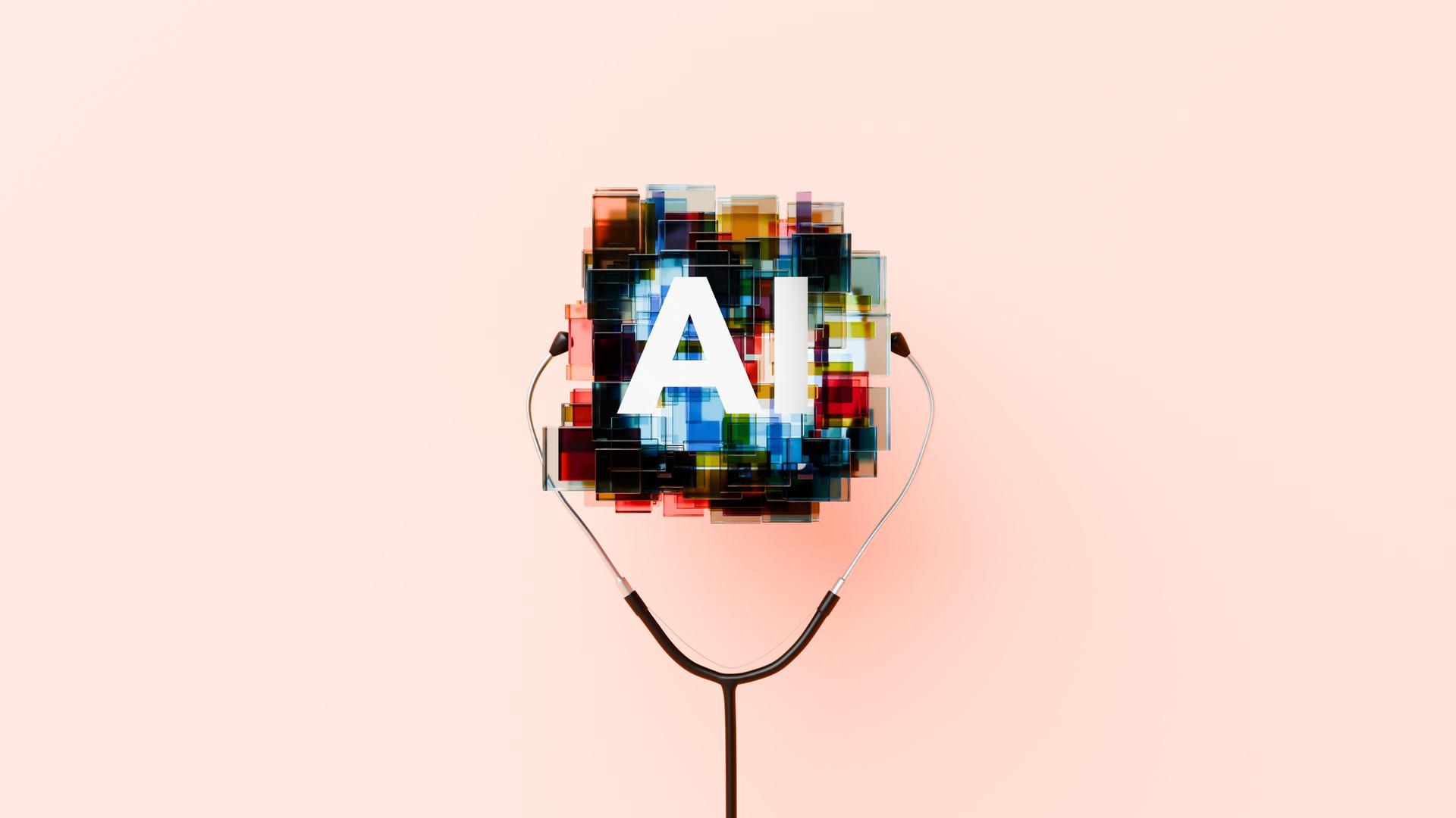 Ein abstraktes KI-Symbol mit Stethoskop-Ohrhörern symbolisiert die zunehmende Bedeutung künstlicher Intelligenz im Gesundheitswesen. Ein abstraktes KI-Symbol mit Stethoskop-Ohrhörern symbolisiert die zunehmende Bedeutung künstlicher Intelligenz im Gesundheitswesen.