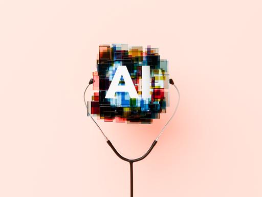 Ein abstraktes KI-Symbol mit Stethoskop-Ohrhörern symbolisiert die zunehmende Bedeutung künstlicher Intelligenz im Gesundheitswesen.