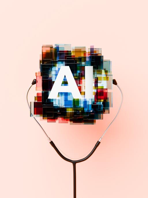Ein abstraktes KI-Symbol mit Stethoskop-Ohrhörern symbolisiert die zunehmende Bedeutung künstlicher Intelligenz im Gesundheitswesen.