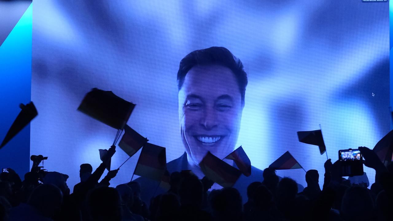 US-Milliardär Elon Musk wurde bei einer AfD-Veranstaltung in Halle per Video zugeschaltet. Er erscheint auf blauem Hintergrund überdimensoniert. Im Vordergrund sind die Schatten jubelnder AfD-Anhänger zu sehen.  