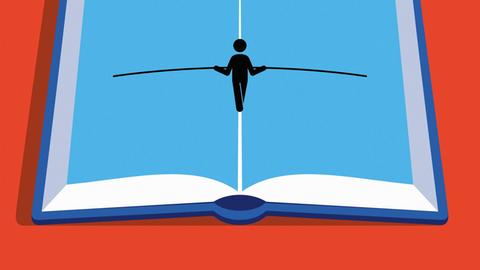 Illustration: Seiltänzer in der Mitte eines geöffneten Buches. Illustration: Seiltänzer in der Mitte eines geöffneten Buches.