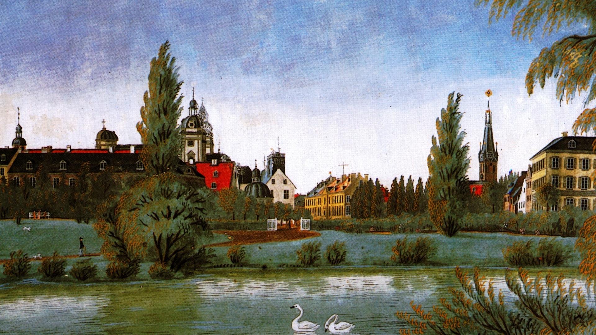 Ansicht von Düsseldorf Bilk mit der Benzenberg-Sternwarte.