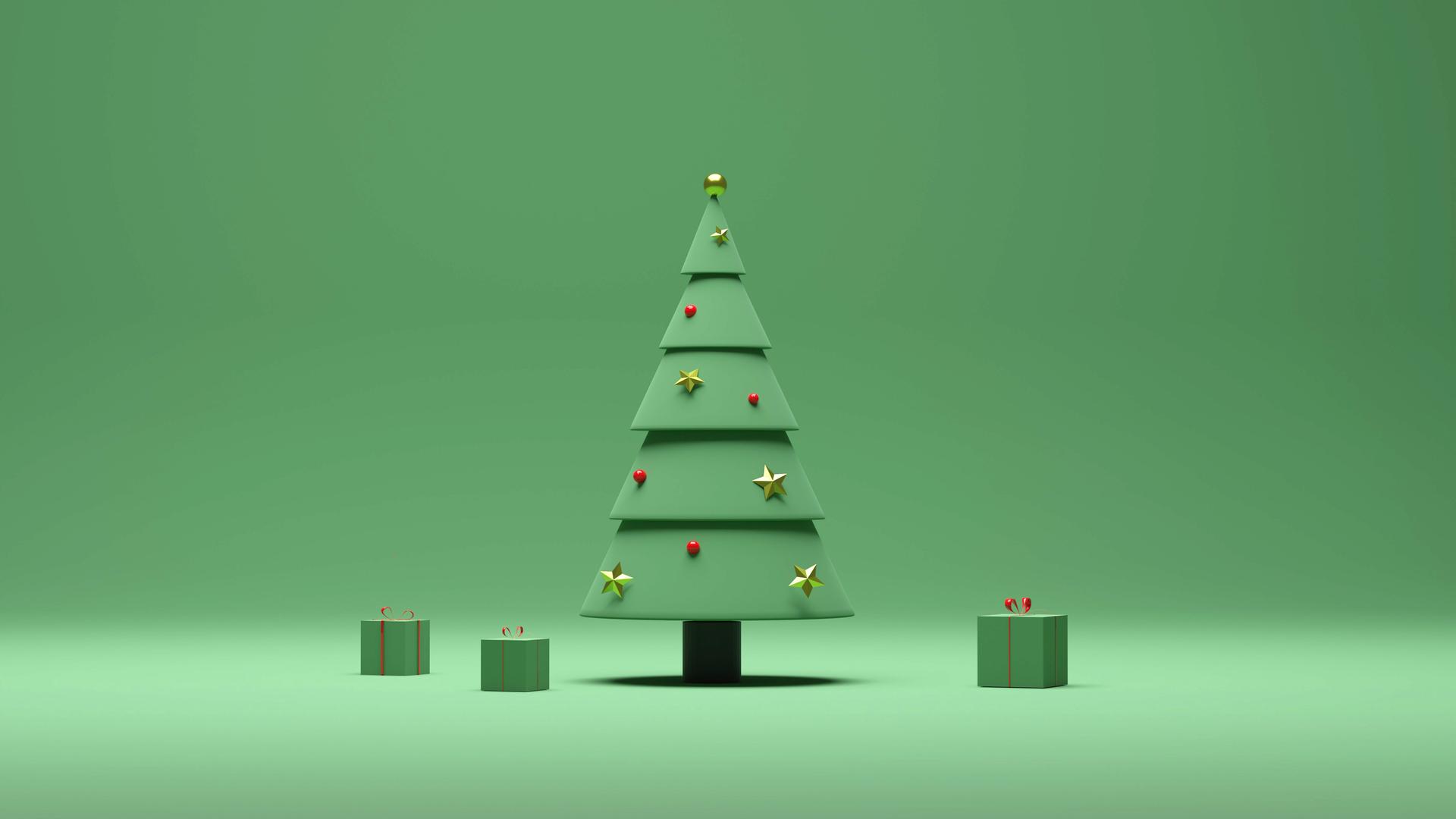 3D-Rendering eines Weihnachtsbaumes und grün verpackter Geschenke vor einem grünen Hintergrund in minimalistischem Stil.