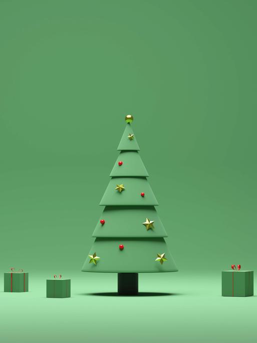 3D-Rendering eines Weihnachtsbaumes und grün verpackter Geschenke vor einem grünen Hintergrund in minimalistischem Stil.