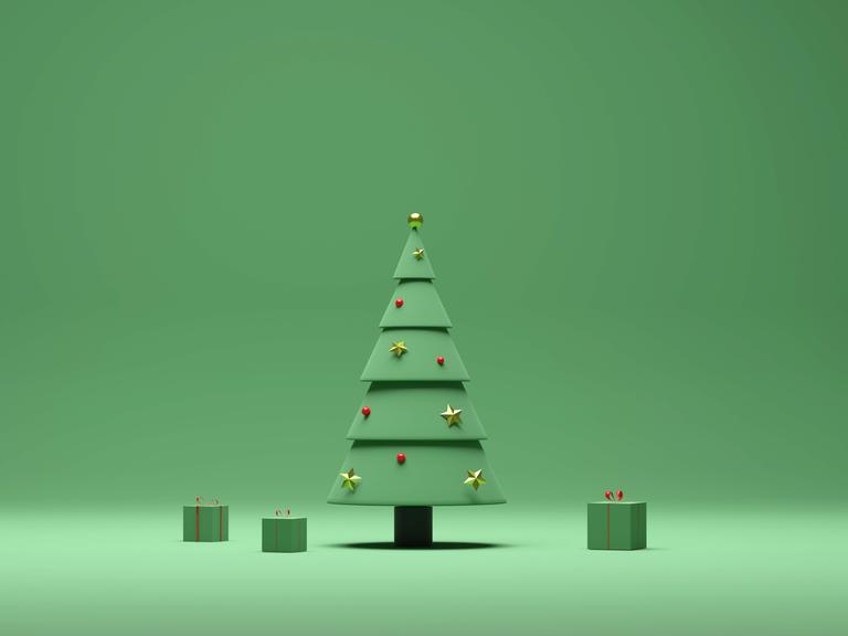 3D-Rendering eines Weihnachtsbaumes und grün verpackter Geschenke vor einem grünen Hintergrund in minimalistischem Stil.