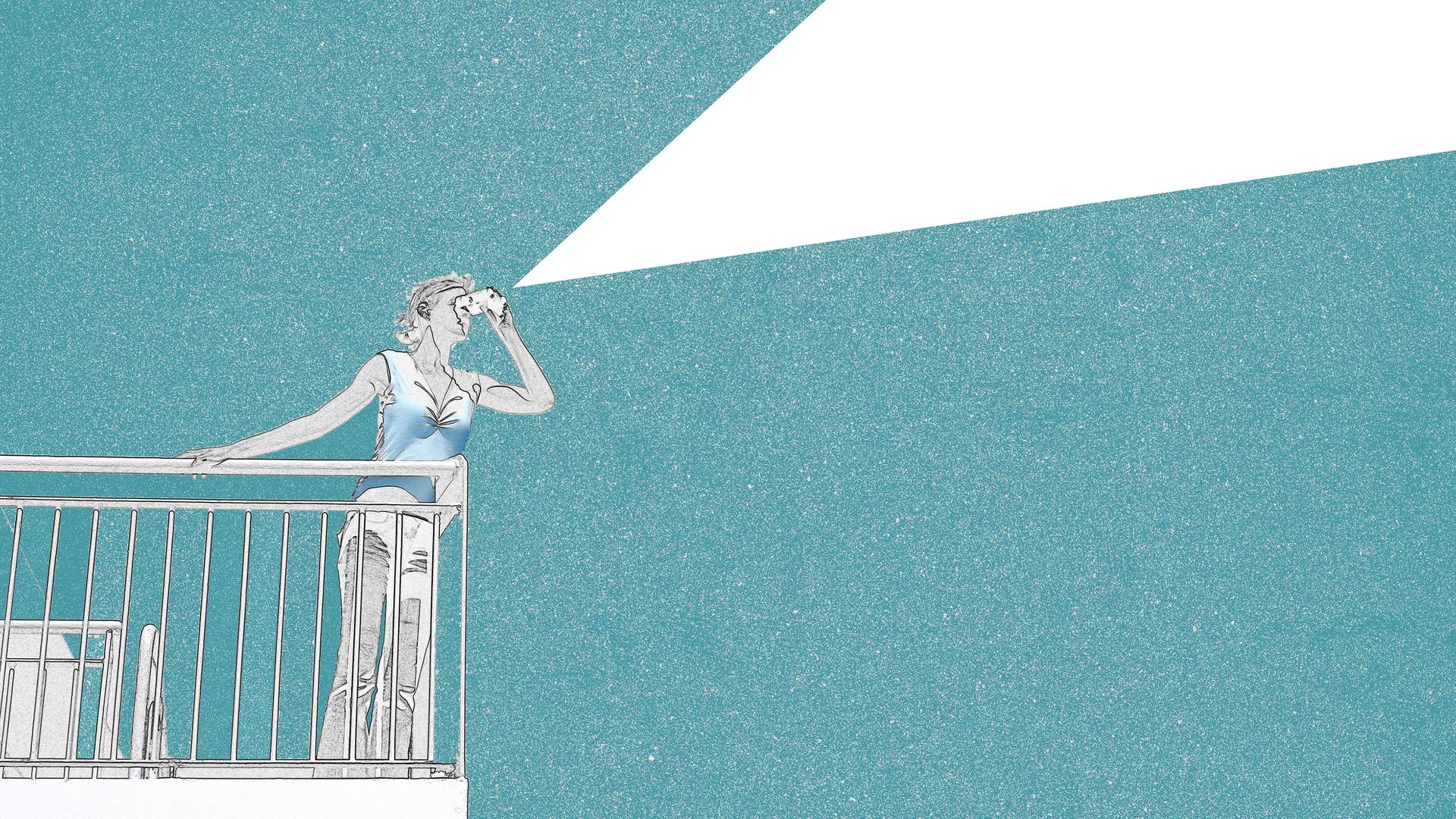 Illustration: Eine Frau, die mit einem Fernglas in den Himmel blickt.
Illustration: Eine Frau, die mit einem Fernglas in den Himmel blickt.