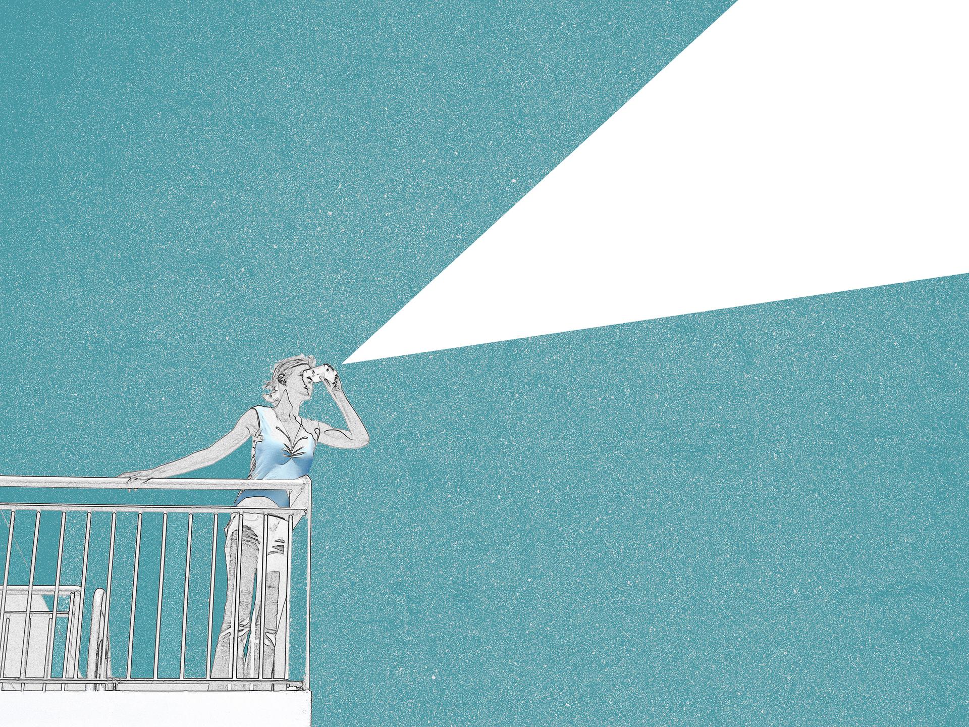 Illustration: Eine Frau, die mit einem Fernglas in den Himmel blickt. 
