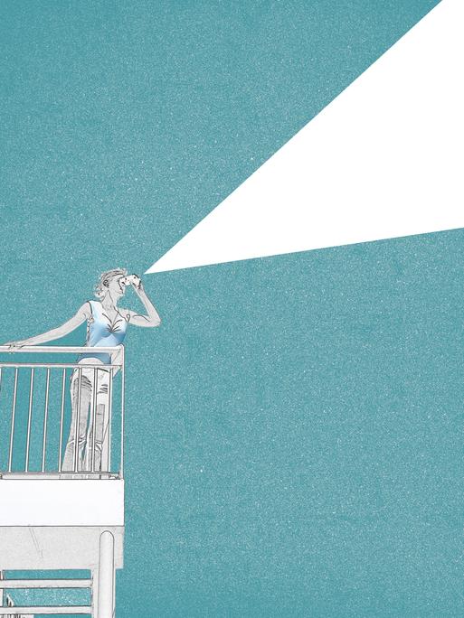Illustration: Eine Frau, die mit einem Fernglas in den Himmel blickt. 
